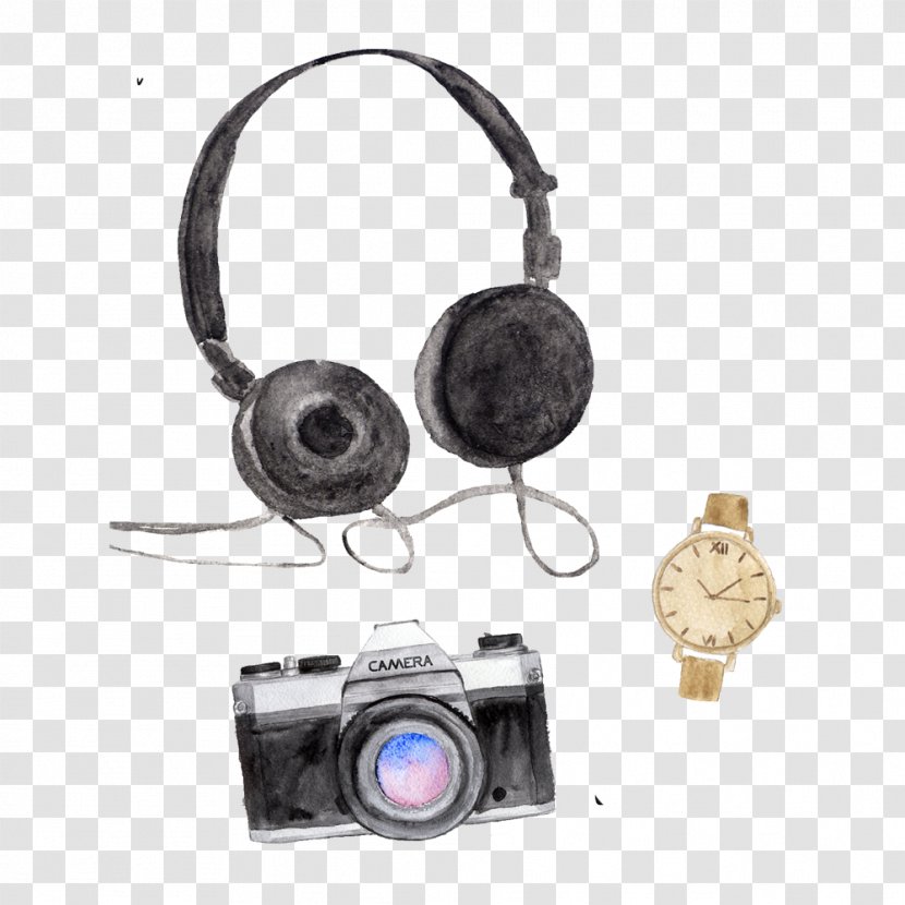 Drawing Watercolor Painting Shutterstock - Cartoon Hand-painted Headset Camera Watch Transparent PNG