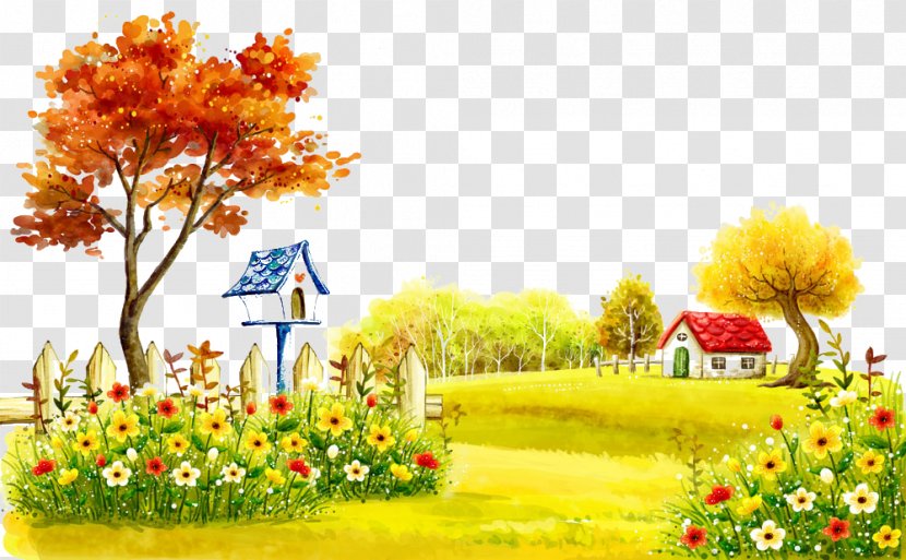 Landscape Painting Theatrical Scenery Illustration - Autumn Village Transparent PNG