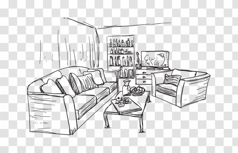 Living Room Couch Drawing Interior Design Services - Table - House Sketch Transparent PNG