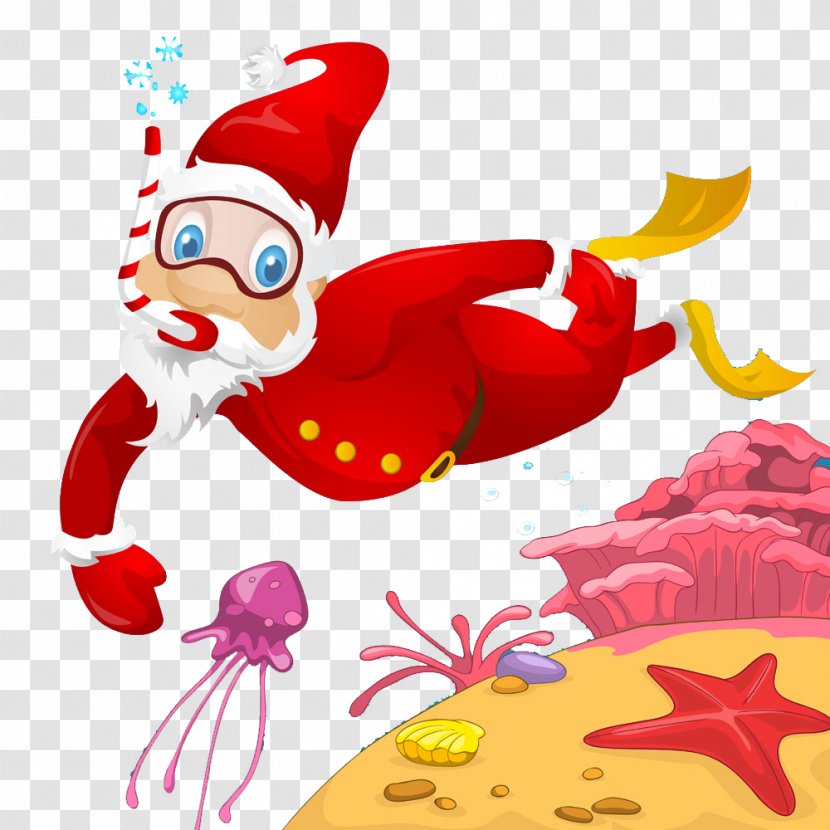 Santa Claus Scuba Diving Clip Art - Christmas Decoration Transparent PNG