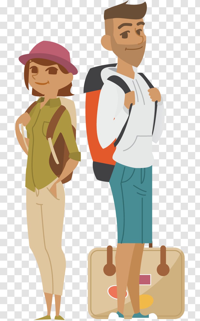 Tourism Travel Illustration - Frame - Happy Couple Backpack Posters Element Transparent PNG