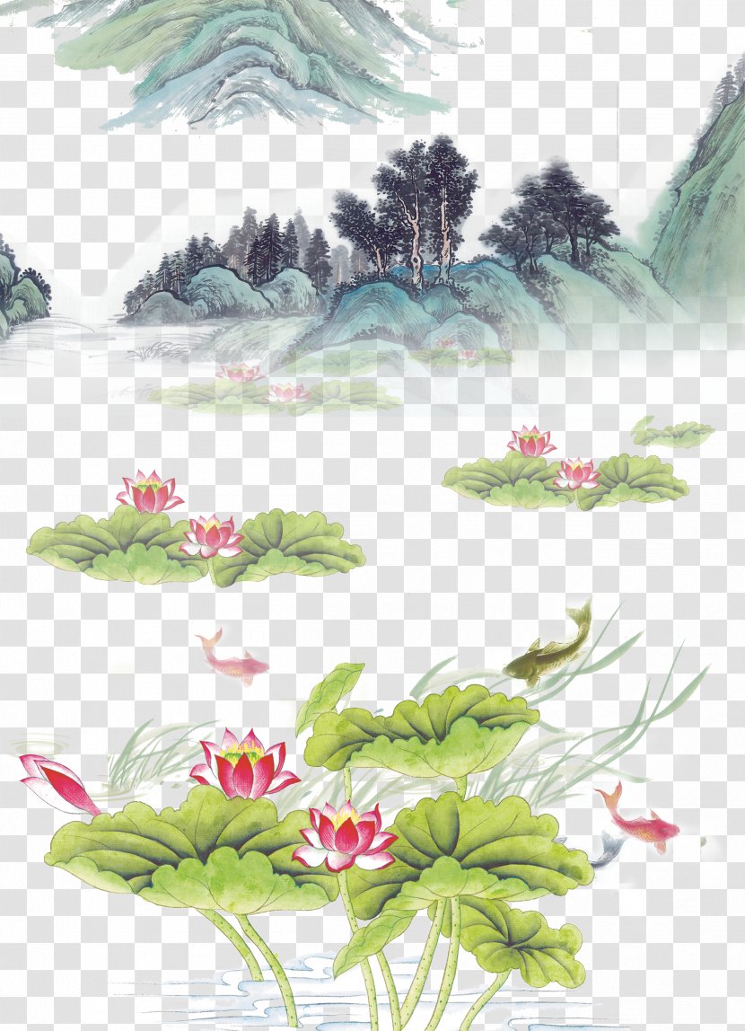 Koi Shan Shui Ink Wash Painting Fukei - Ecosystem - Lotus Carp Mountain Transparent PNG