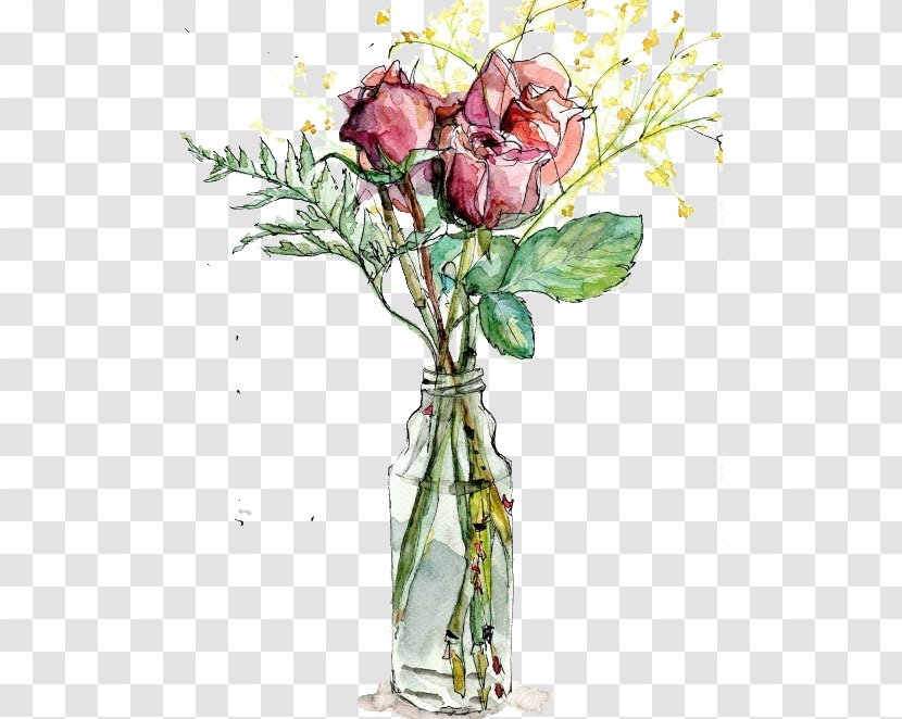 Garden Roses Vase Watercolor Painting Drawing Illustration - Floral Design - The Rose In Transparent PNG