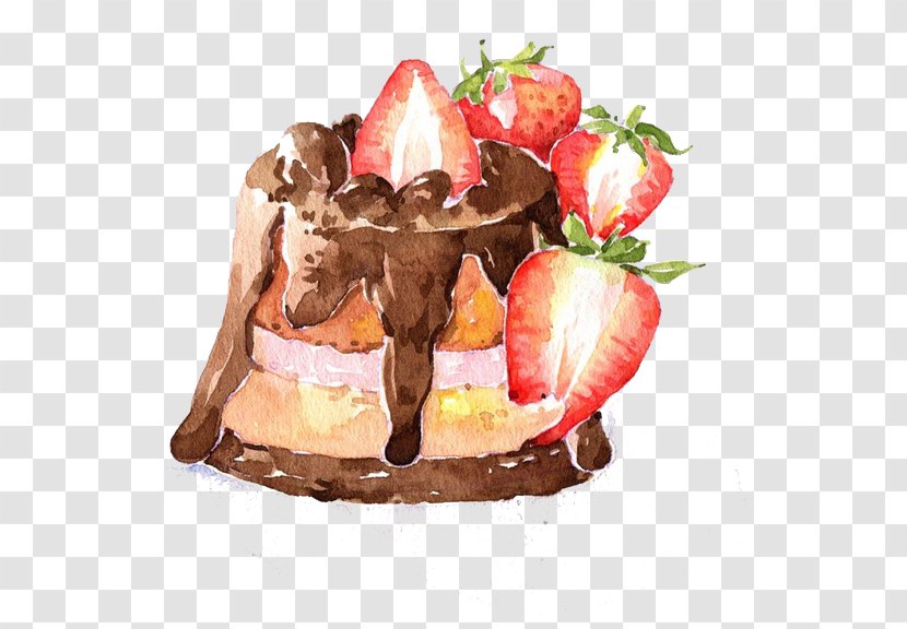 Chocolate Cake Strawberry Cream - Watercolor Painting Transparent PNG