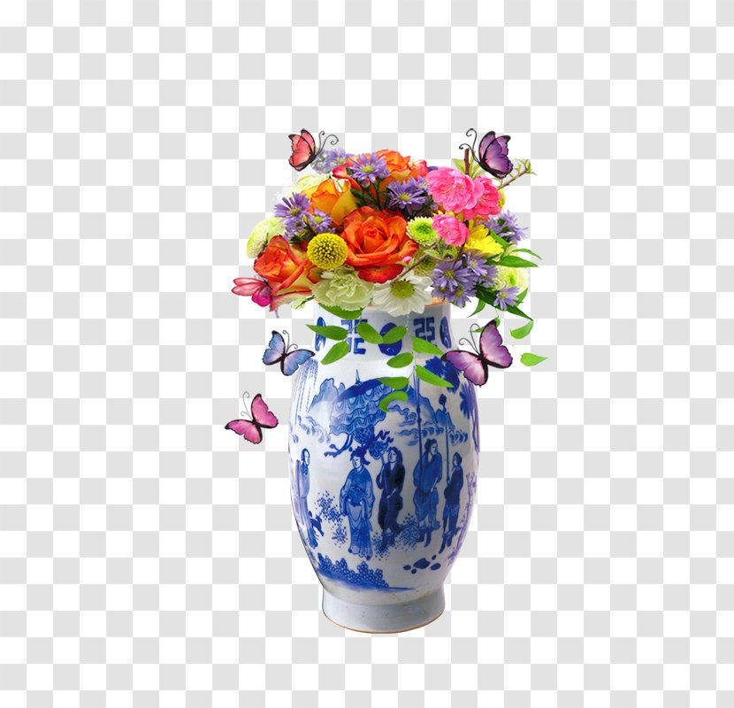 Vase Blue And White Pottery Floral Design Porcelain - Plant Transparent PNG