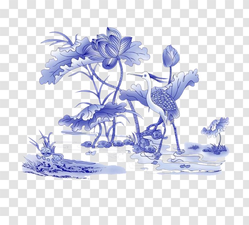 Blue And White Pottery Chinoiserie - Plant - Crowned Crane Transparent PNG