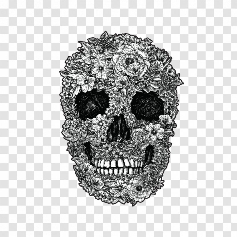 Calavera Skull Flower T-shirt - Black And White - Retro Texture Transparent PNG