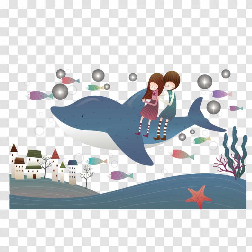 Whale Illustration - Art - Couple Riding A Transparent PNG