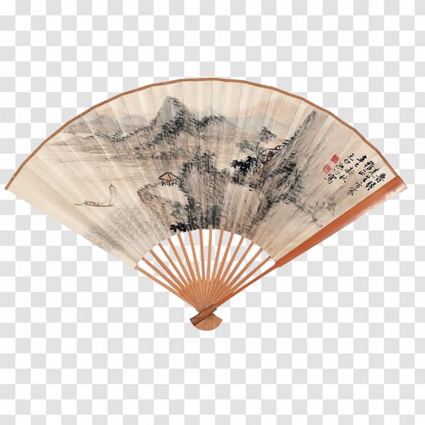 Paper Hand Fan Ink Wash Painting Shan Shui - Meticulous Folding Transparent PNG