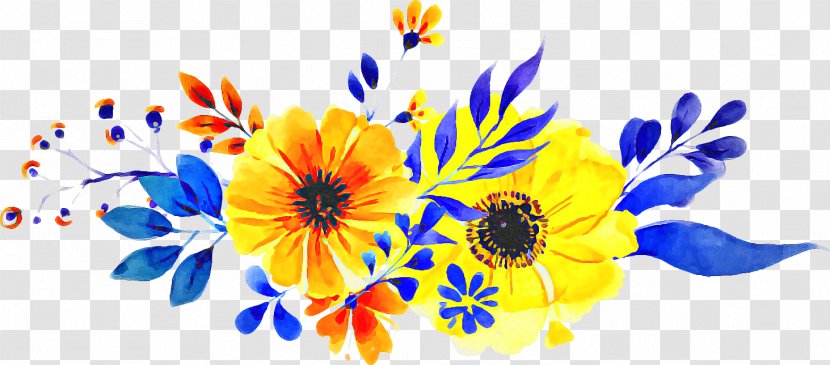 Blue Watercolor Flowers - Common Daisy - Sunflower English Marigold Transparent PNG