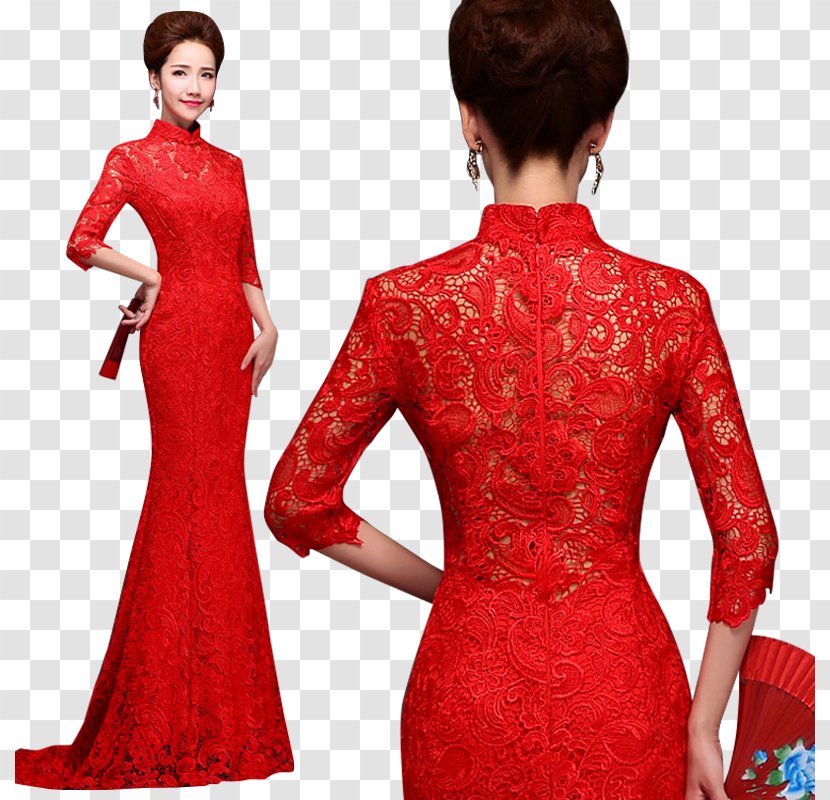 Wedding Dress Sleeve Cheongsam Mandarin Collar - Formal Wear - Red Lace Transparent PNG
