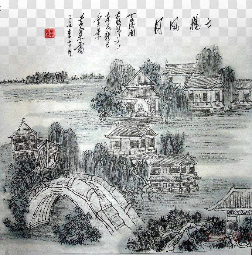 Daming Lake U53e4u756b Ink Wash Painting - Calligraphy - Traditional Transparent PNG