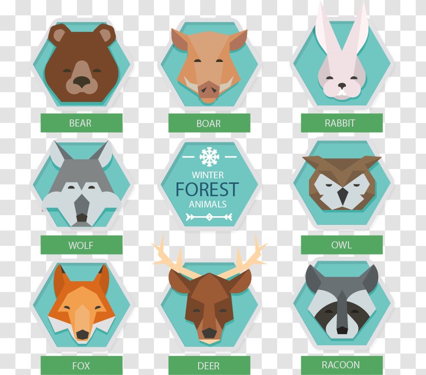 Hexagon Clip Art - Dog Like Mammal - Hexagonal Winter Forest Animal Heads Transparent PNG