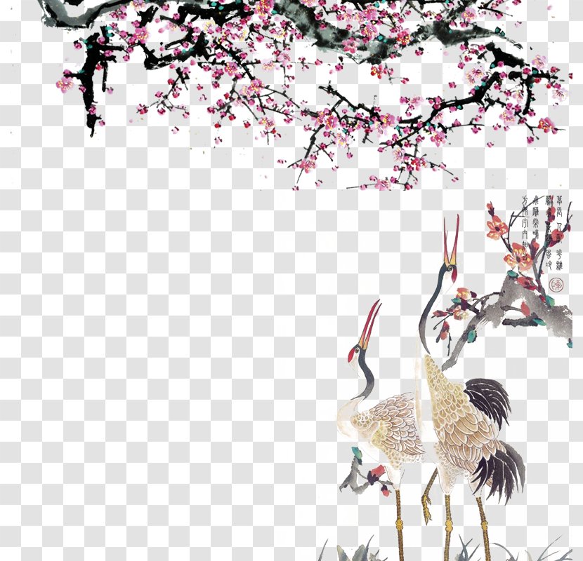 Crane Cherry Blossom Peach - Tree - Red Crowned Under Ink And Wash Blossoms Transparent PNG