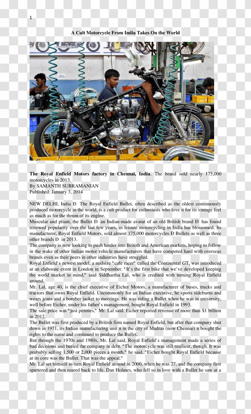 Motor Vehicle Engineering Magazine Essay - Royal Enfield Transparent PNG