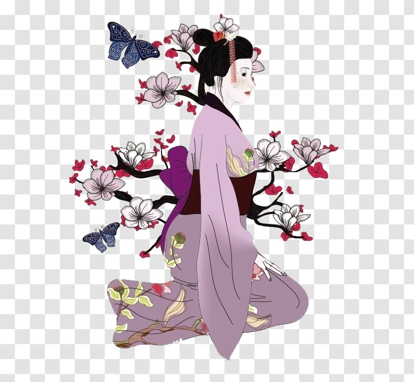 Japan Geisha Drawing Illustration - Tree - Painted Pull Material Free Transparent PNG