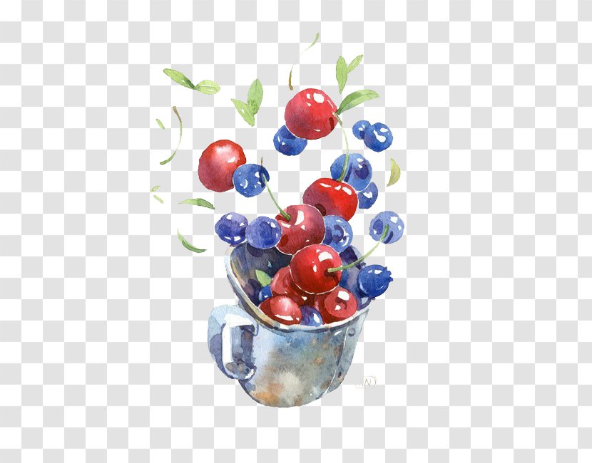 Watercolor Painting Drawing Illustration - Blueberry And Cherry Fruit Transparent PNG