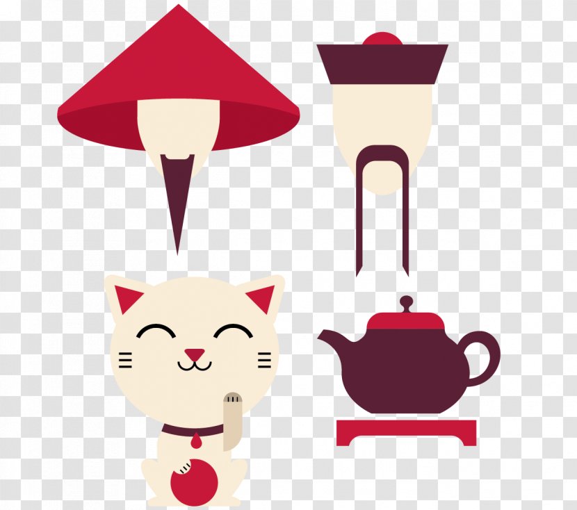 China Chinoiserie Papercutting - Fictional Character - Qing Dynasty Official Hat And Lucky Cat Tea Transparent PNG