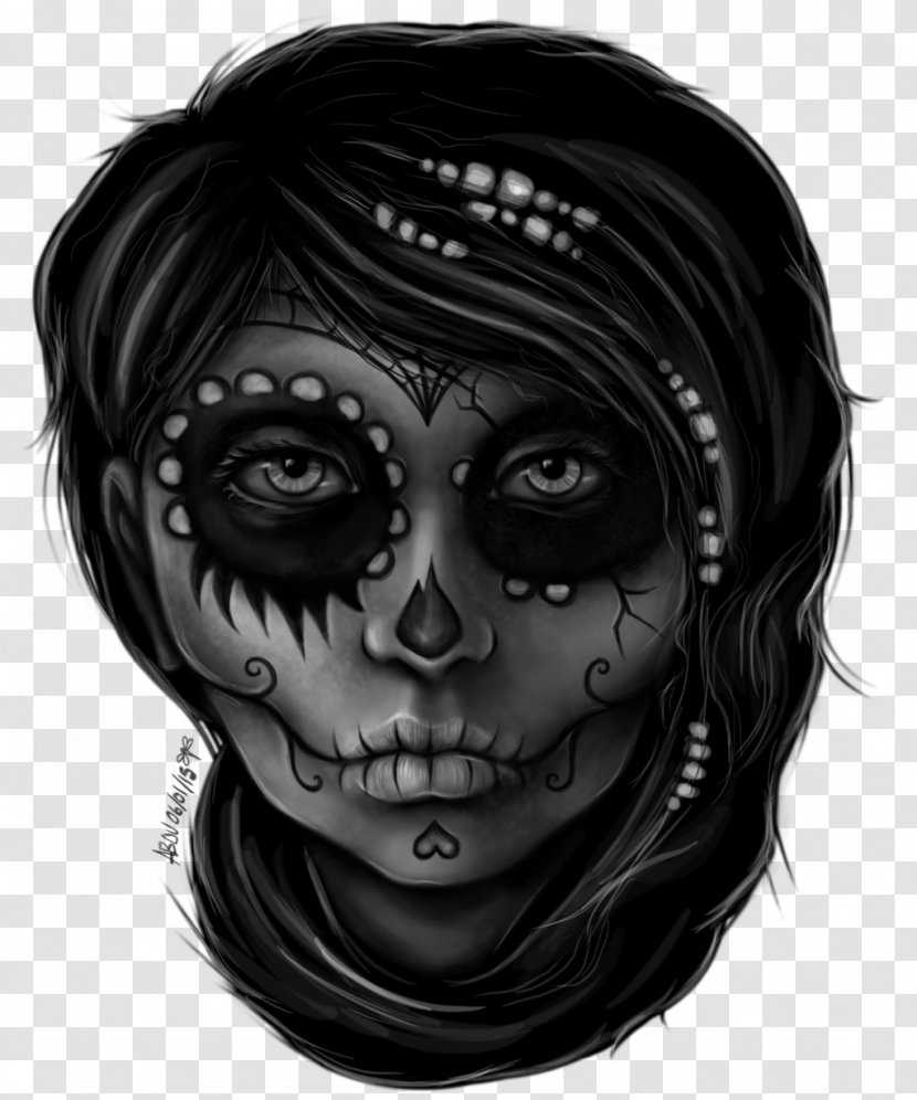 Drawing Portrait Digital Art Forehead Skull - Black And White - Dia De Muertos Transparent PNG