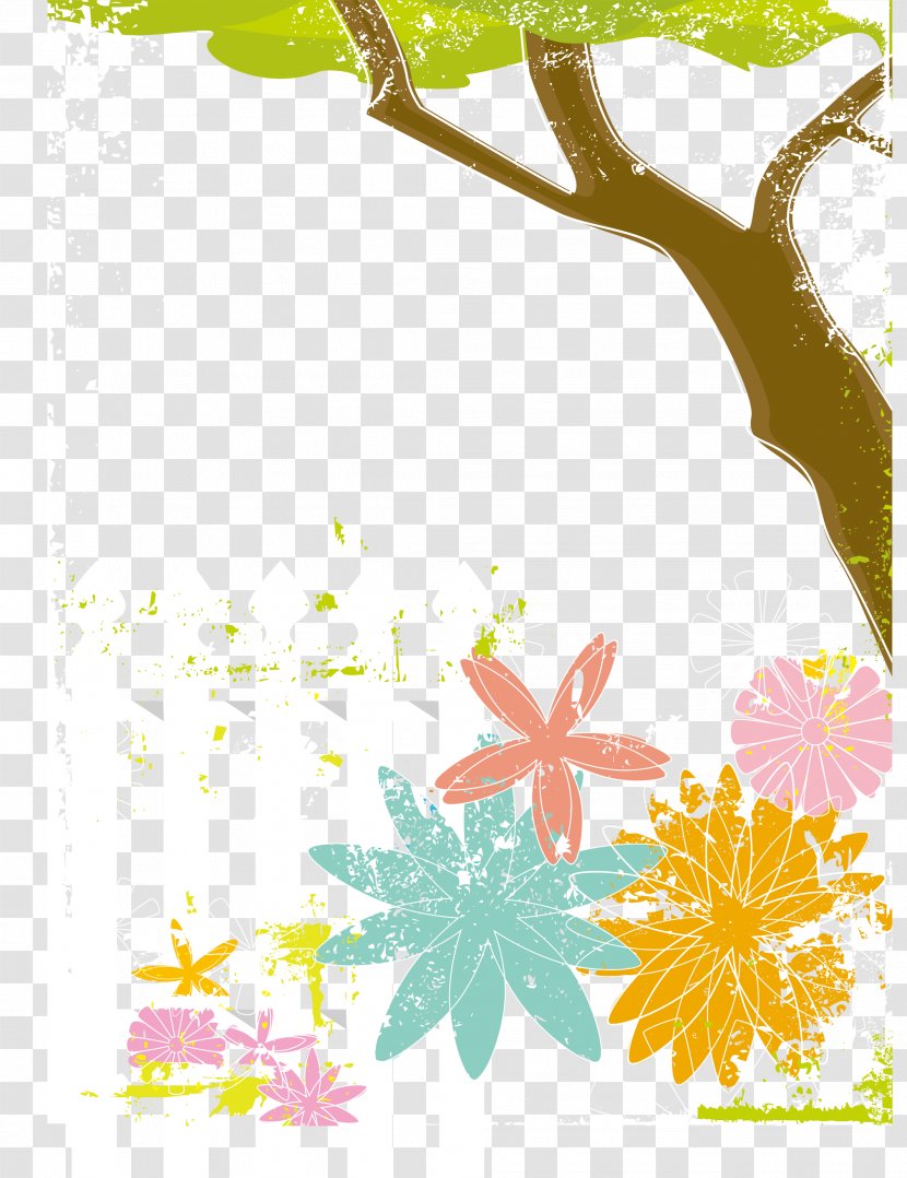 Graphic Design Euclidean Vector Illustration - Floral - Tree Flowers And White Fence Transparent PNG