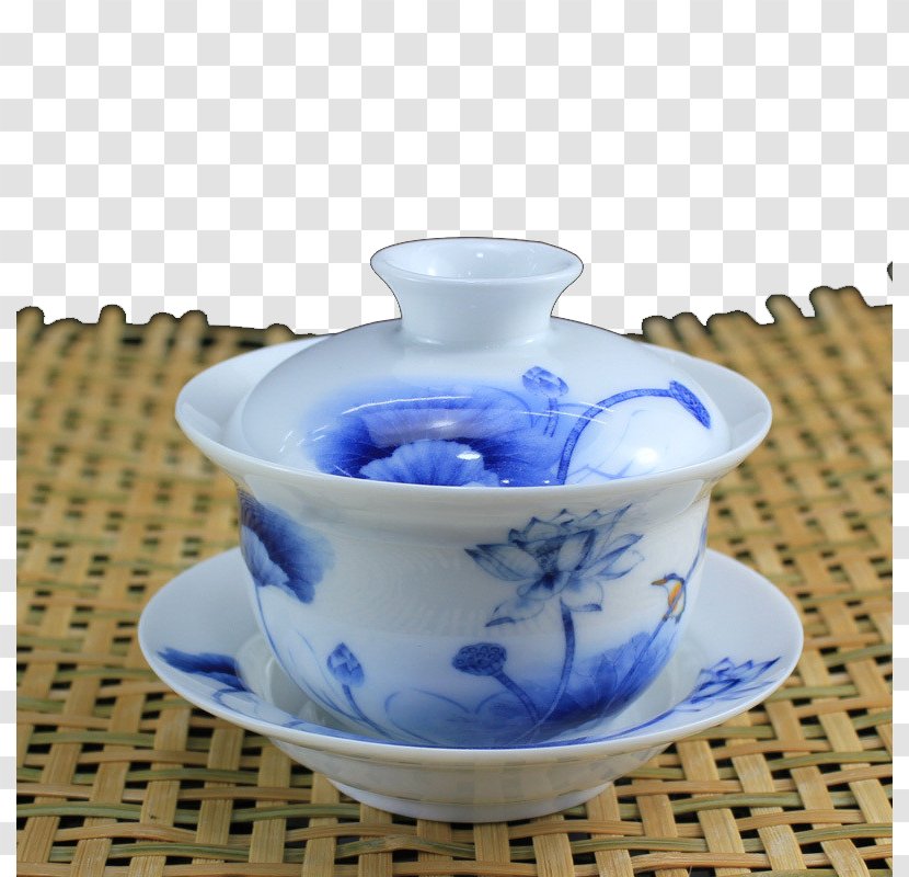 Wuyi Tea Da Hong Pao Coffee Cup Teapot - Saucer - Blue And White Covered On A Bamboo Mat Transparent PNG