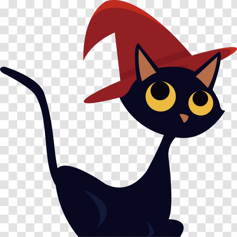 Black Cat Kitten Whiskers Clip Art - Fictional Character - Red Hat Transparent PNG
