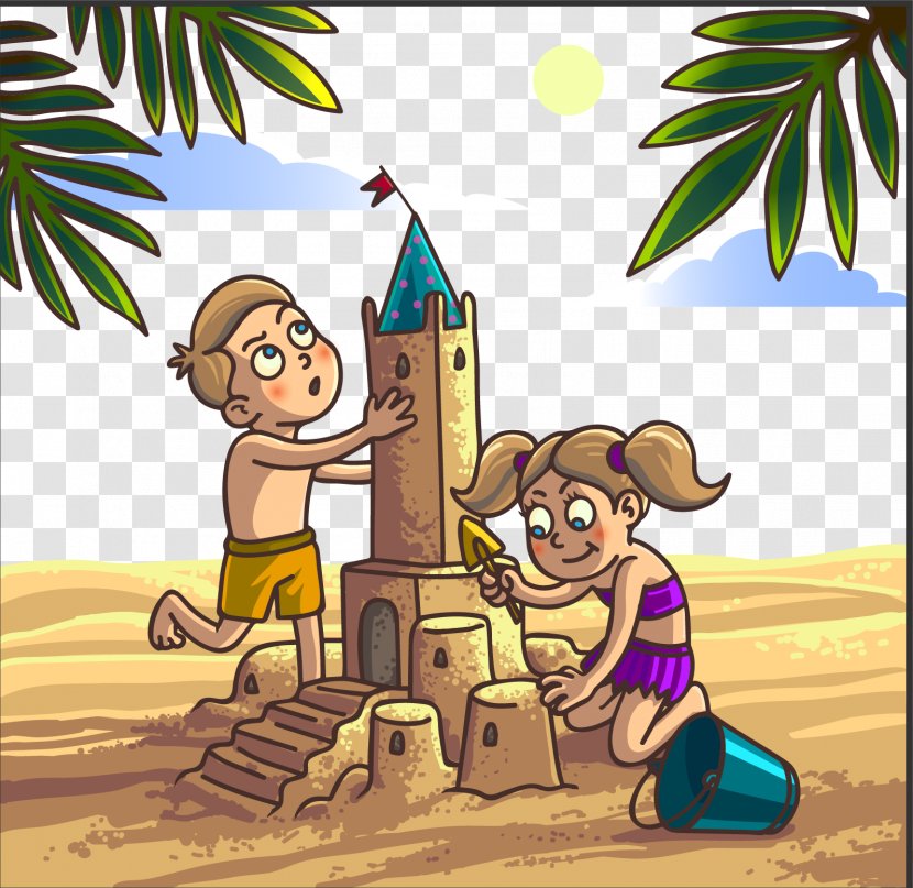 Sand Art And Play Cartoon Clip - Children Playing Beach Vector Material Transparent PNG