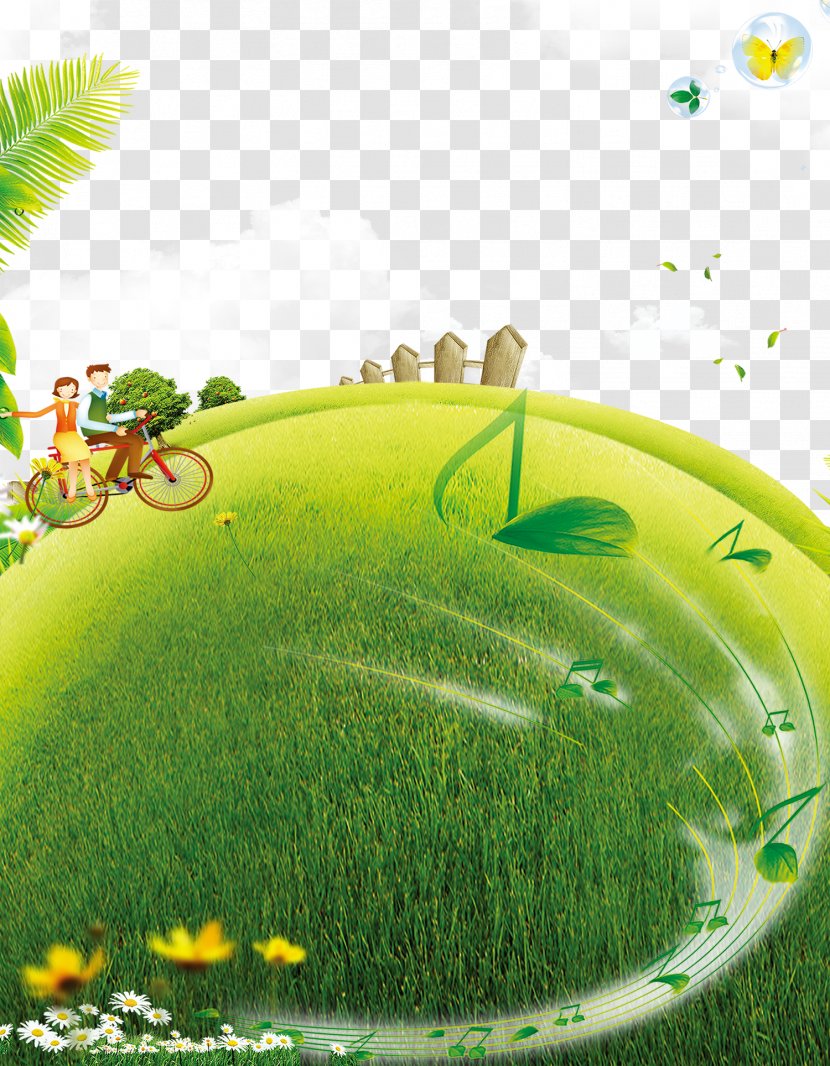 Lawn Bicycle - Green Grass Couple Ride Bike Decoration Background Transparent PNG