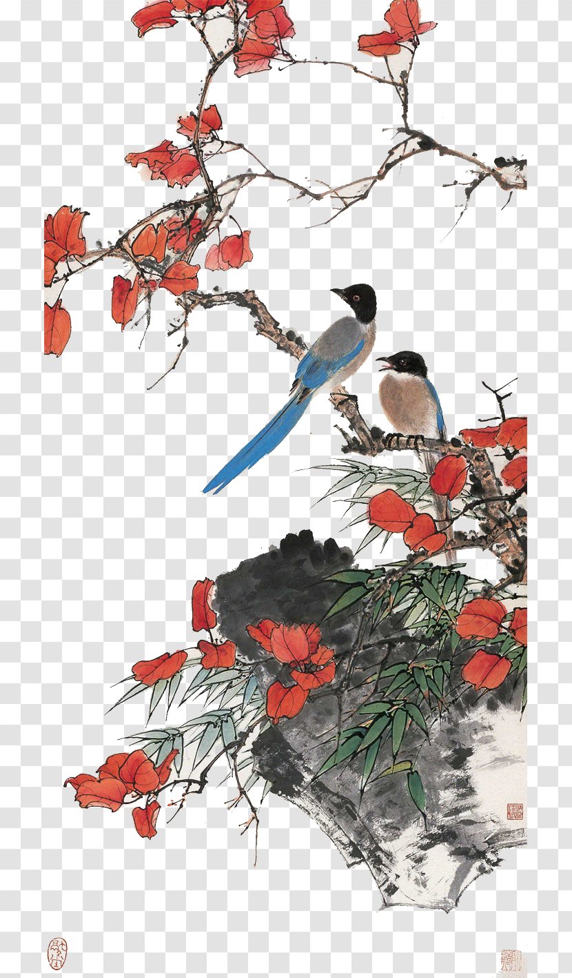 U5de5u7b14u82b1u9e1fu753b Bird-and-flower Painting Chinese Ink Wash Gongbi - Leaf - Birds In The Branches Transparent PNG