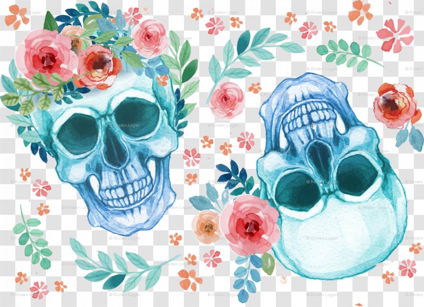 Watercolor Painting Calavera Skull Floral Design Drawing - Pastel Transparent PNG
