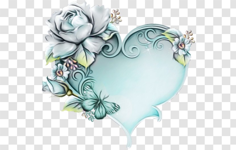 Teal Aqua Turquoise Clip Art Plant - Wet Ink - Butterfly Heart Transparent PNG