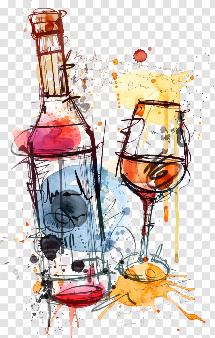 Red Wine Bottle Rosé Clip Art - Distilled Beverage - Watercolor Glass And Pino Transparent PNG