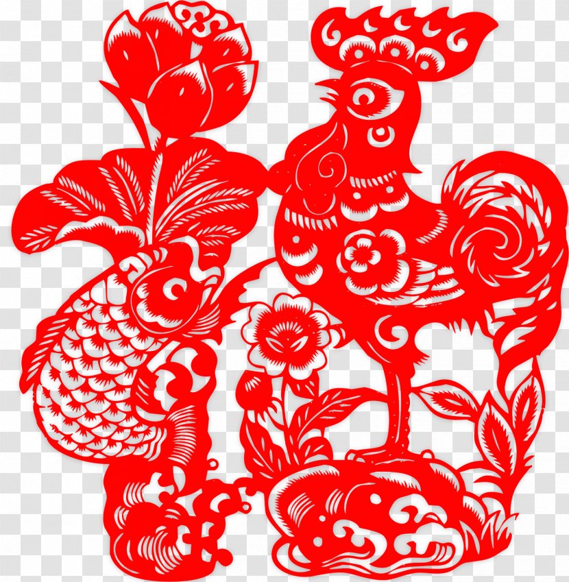 Chicken Papercutting Chinese New Year Rooster - Flower - Paper-cut Material Transparent PNG