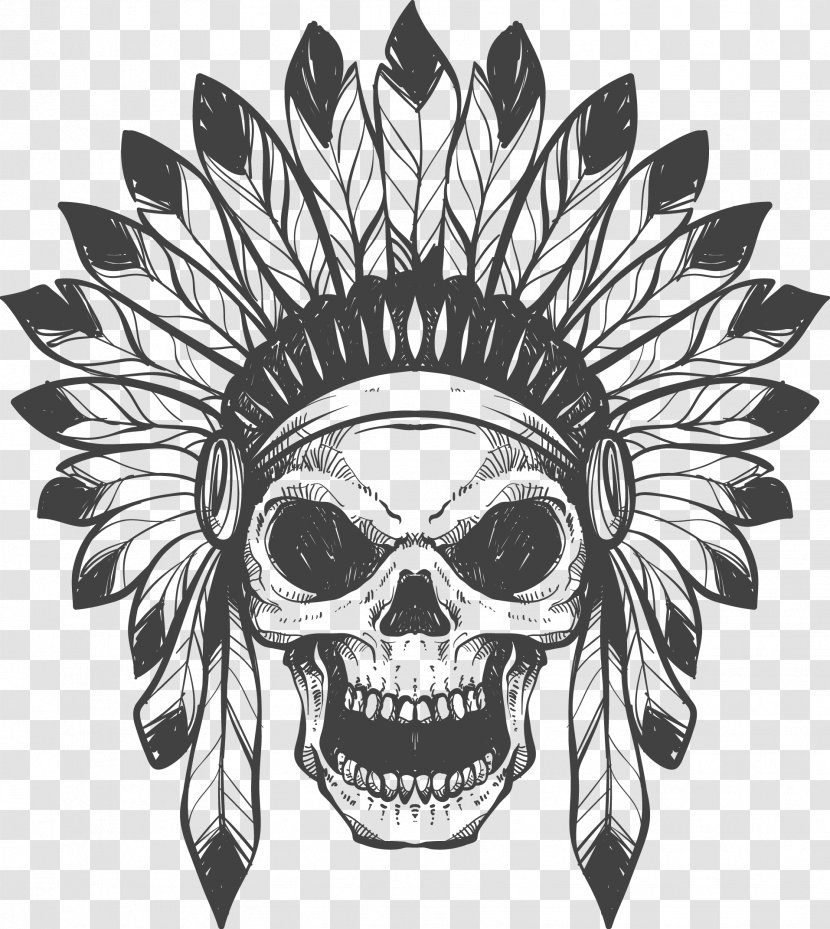 T-shirt Skull War Bonnet Feather Native Americans In The United States - Monochrome Photography - Vector Handprinted Indian Skeleton Transparent PNG