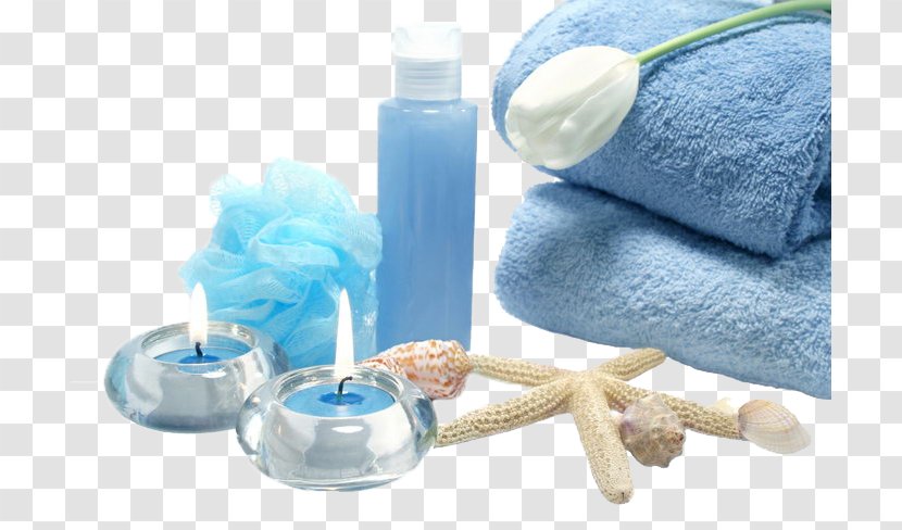 Day Spa Stone Massage Bath Salts - Glass - Beauty SPA Blue Towel Picture Candle Transparent PNG