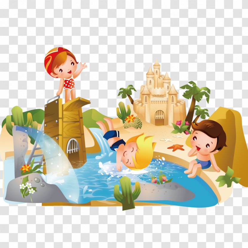 Childrens Games Cartoon Illustration - Drawing - Vector Children Swimming And Construction Transparent PNG