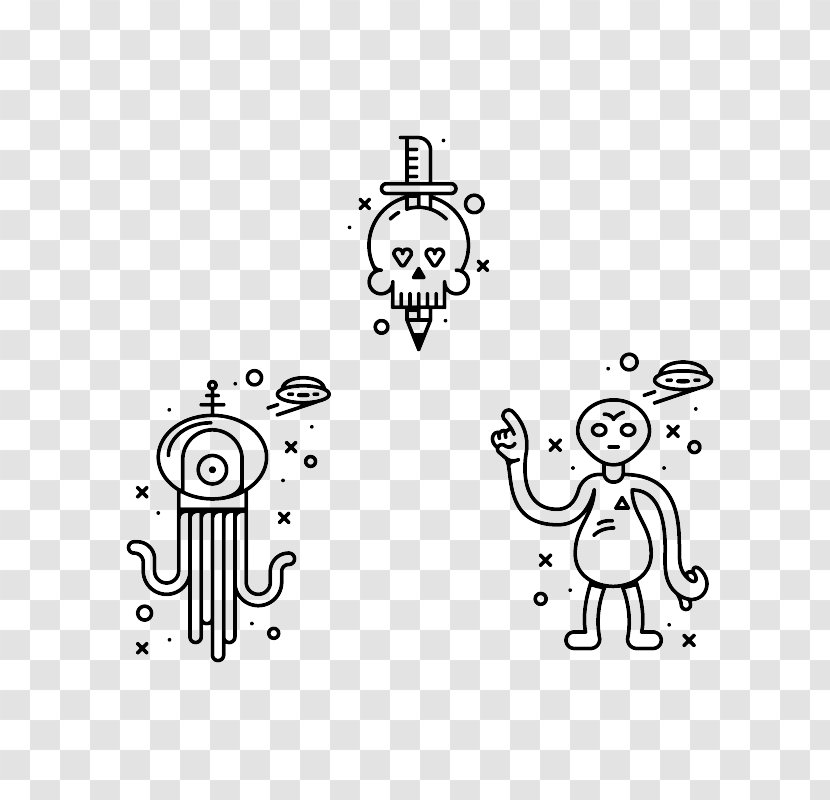Flat Design Cartoon Icon - Black And White - Monster Skull Transparent PNG