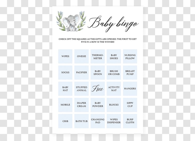 Bingo Card Baby Shower Game Diaper - Tree - Elephant Transparent PNG