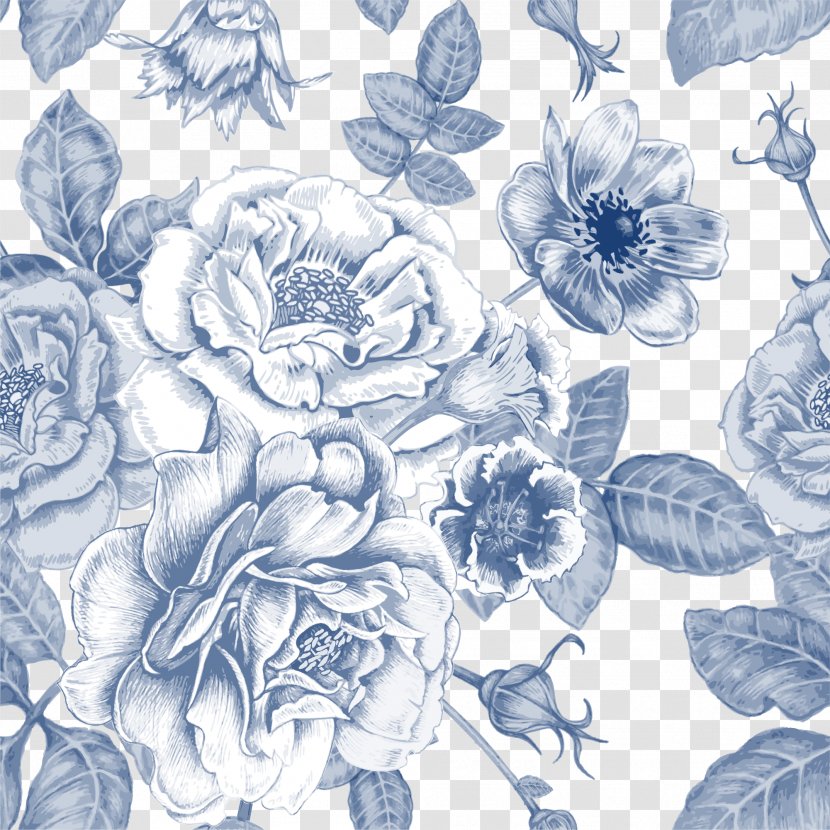 Drawing Flower Sketch - Wallpaper - Hand Painted Blue Flowers Transparent PNG