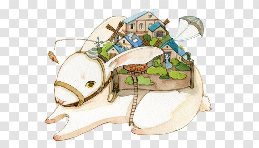 Watercolor Painting Town Illustration - Rabbit Carrying A Small Transparent PNG