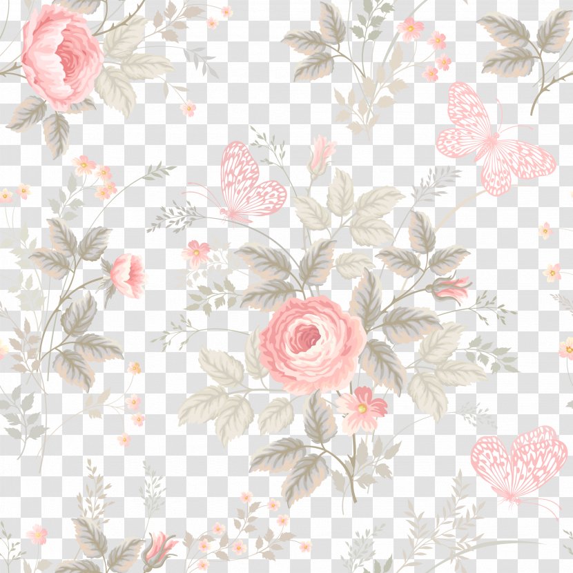 Flower Pattern - Floral Design - Watercolor Roses And Butterflies Seamless Background Vector Transparent PNG