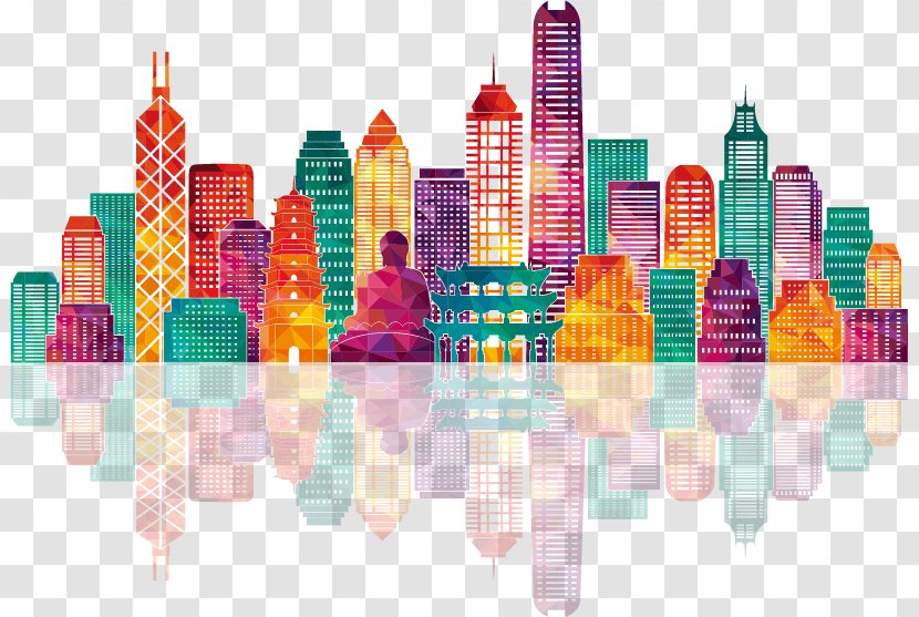 Hong Kong Skyline Stock Illustration - Colorful City Building Silhouettes Transparent PNG