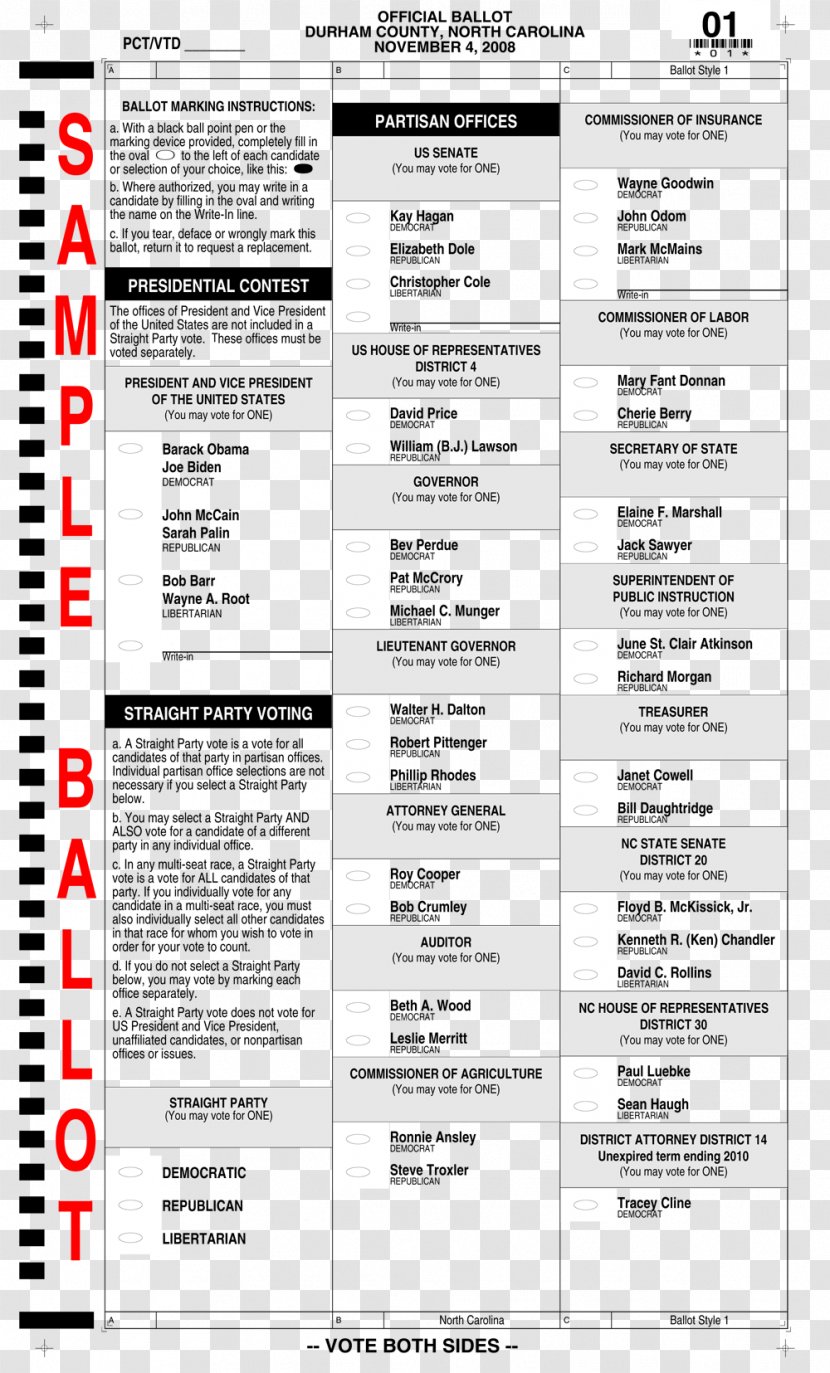 North Carolina Sample Ballot Voting Primary Election - Vote Transparent PNG