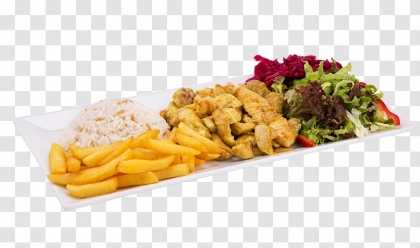French Fries Chicken Curry Barbecue Sauce Pilaf Schnitzel - Lunch - Meat Transparent PNG