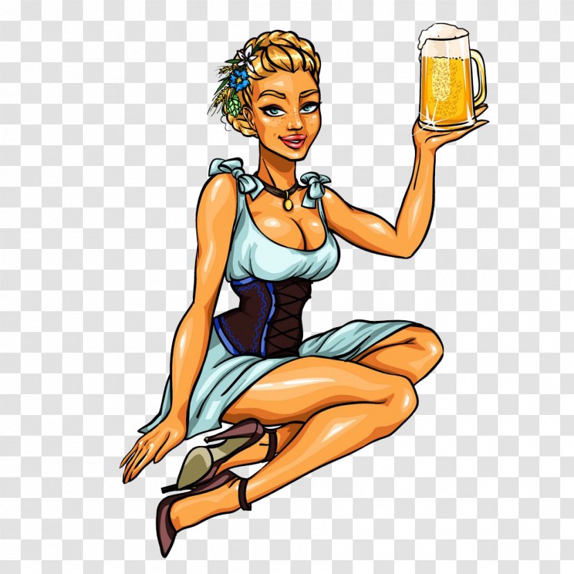 Oktoberfest Beer Illustration - Cartoon - Woman Holding Transparent PNG
