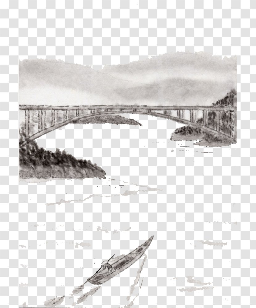 Ink Wash Painting Shan Shui Illustration - Drawing - Yangtze River Bridge Transparent PNG