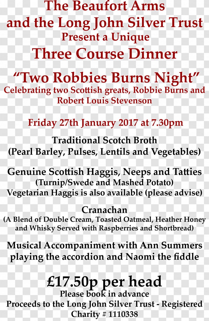 Beaufort Arms Food Long John Silver's Menu Pub - Dinner - Burns Night Transparent PNG