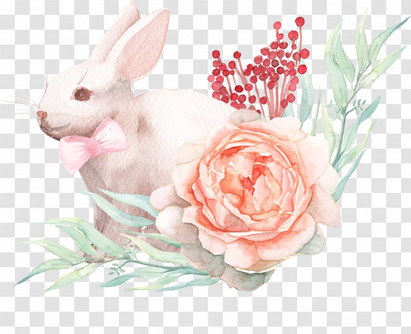 Easter Bunny Paper Watercolor Painting Rabbit - Gift - With Bow Transparent PNG