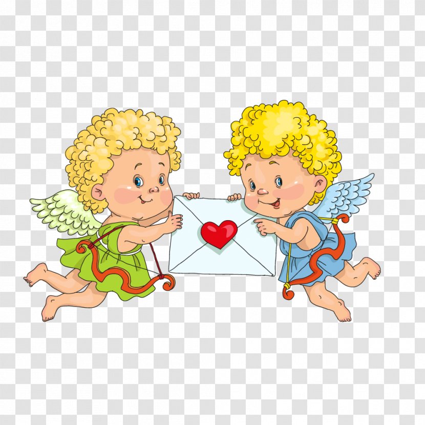 Cupid Heart Illustration - Watercolor - Two Angels Holding A Love Letter,Cupid Transparent PNG