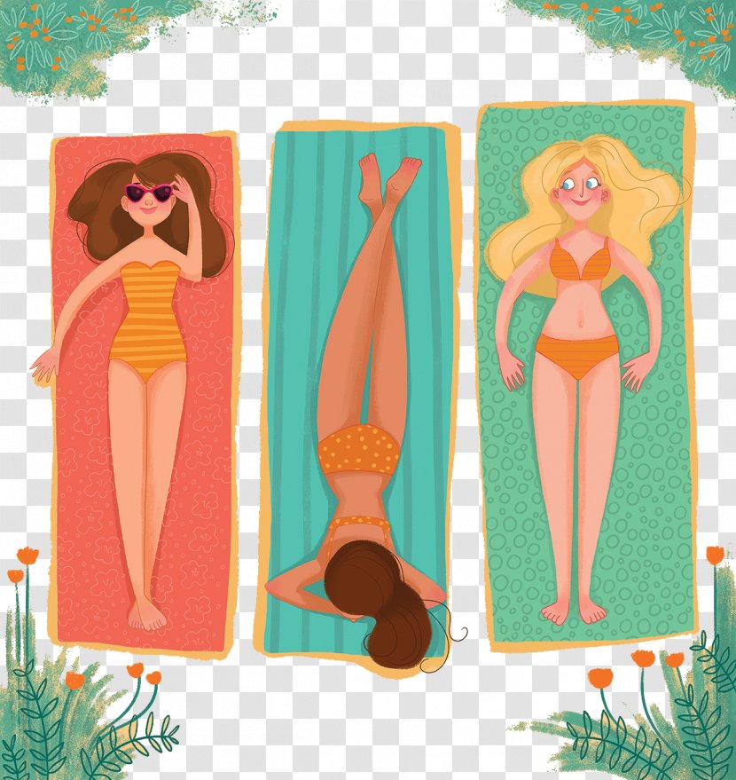 Download Auringonotto Illustration - Watercolor - Sun Three Beautiful Women Sunbathing Transparent PNG